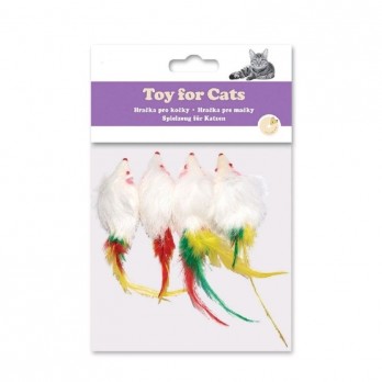 Žaislas katėms pelės kailinės su plunksna 5cm