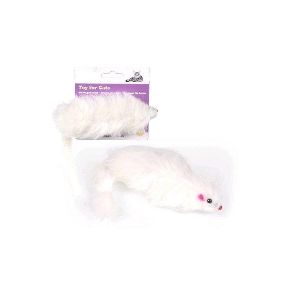 Žaislas katėms, balta kailinė pelė, 15 cm