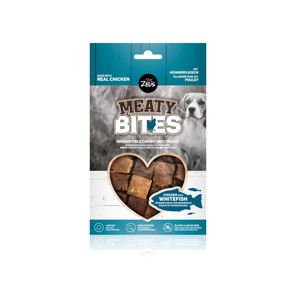 Skanėstas šunims Zeus Meaty Bites Chicken With Whitefish su vištiena ir balta žuvimi, 150 g
