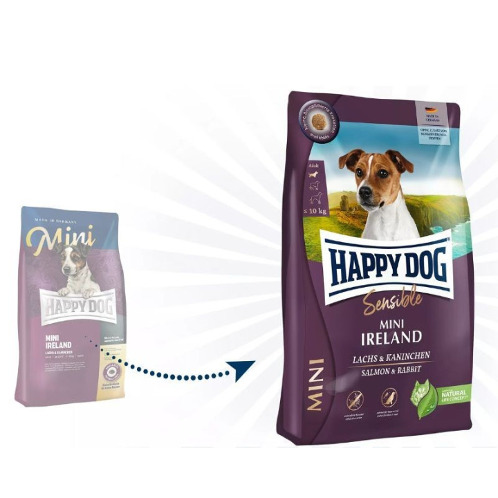 Happy Dog Mini Ireland visavertis pašaras mažų veislių suaugusiems šunims su triušiena ir lašiša, 10 kg