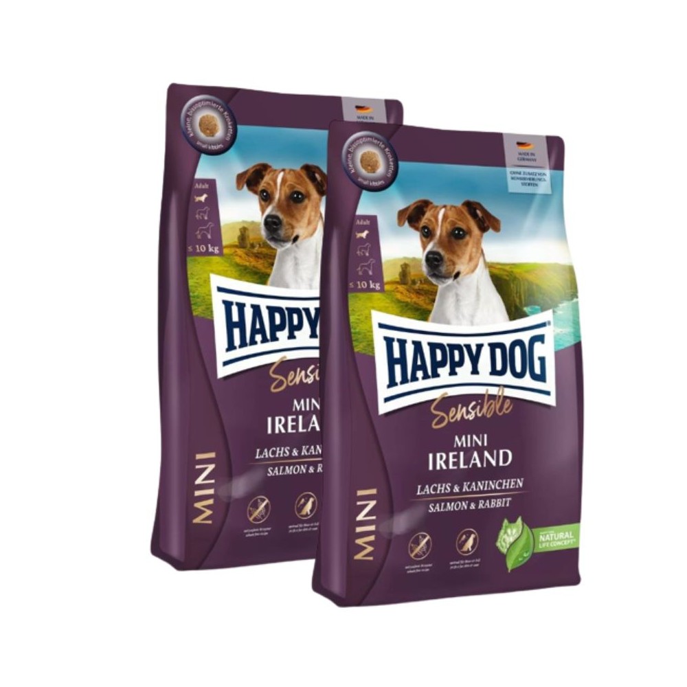 Happy Dog Mini Ireland visavertis pašaras mažų veislių suaugusiems šunims su triušiena ir lašiša, 2x10 kg