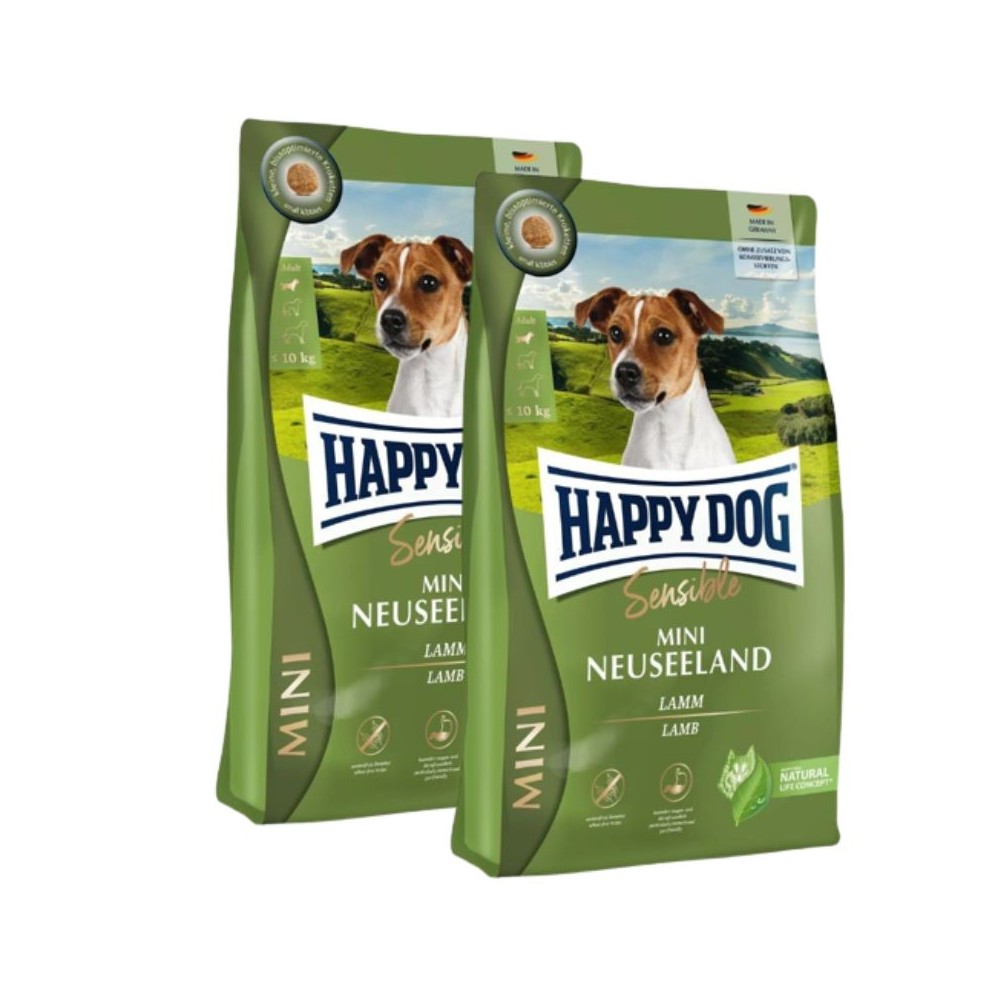 Happy Dog Mini Neuseeland visavertis pašaras mažų veislių suaugusiems šunims su ėriena ir ryžiais, 2x10 kg