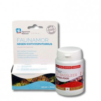Akvariumo priežiūros priemonė Faunamor, 20 ml + Pašaras žuvims Dr. Bassleer Biofish Food Matrine M, 60 g