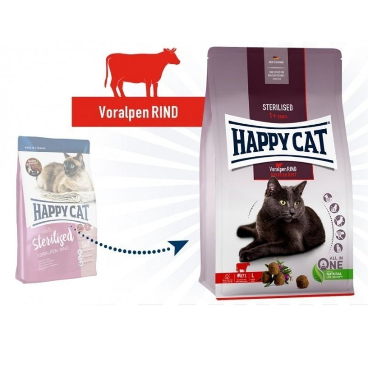 Sterilizuotų kačių maistas Happy Cat su jautiena Sterilised, 10 kg