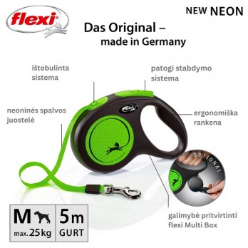 Flexi New Neon M automatinis pavadys, 5 m, juostelė, žalias