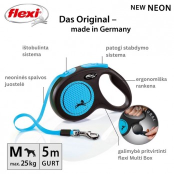 Flexi New Neon M automatinis pavadys, 5 m, juostelė, mėlynas