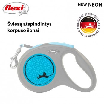 Flexi New Neon M automatinis pavadys, 5 m, juostelė, mėlynas