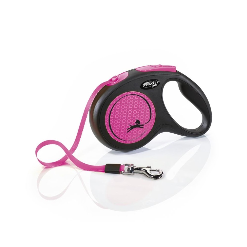 Flexi New Neon M automatinis pavadys, 5 m, juostelė, rožinis