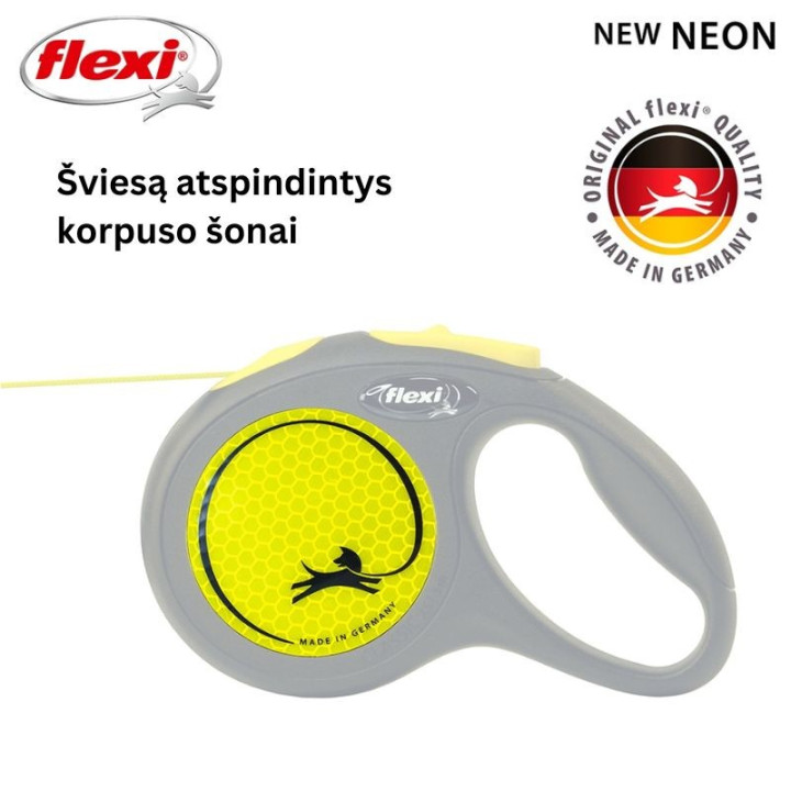 Flexi New Neon S automatinis pavadys, 5 m, virvutė