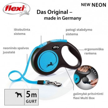 Flexi New Neon S automatinis pavadys, 5 m, juostelė, mėlynas
