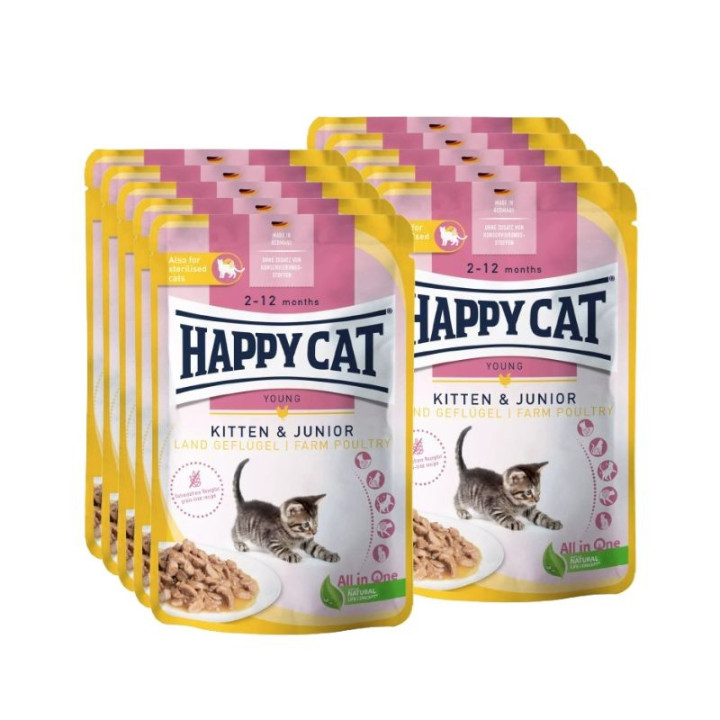 Happy Cat guliašas jauniems kačiukams su paukštiena Kitten&Junior LandGeflugel, 10x85 g