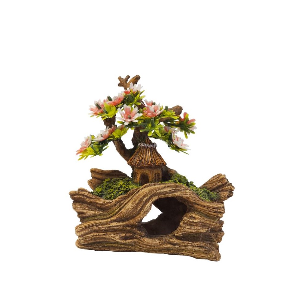 Dekoracija akvariumui Namelis su medžiu, 14,5x9x16,3 cm