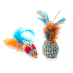 Žaislas katėms pliušinė pelytė ir kamuoliukas su plunksnomis, 10-12 cm (2 vnt.)