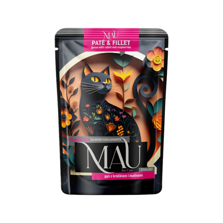 Mau Pate&Fillet konservai sterilizuotoms katėms su žąsiena, triušiena ir avietėmis, 85 g