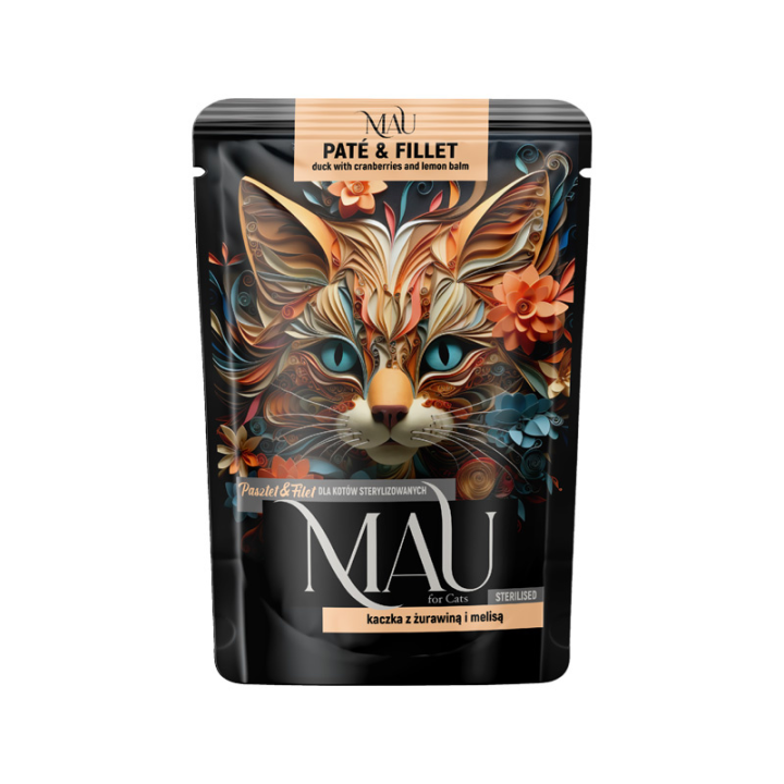 Mau Pate&Fillet konservai sterilizuotoms katėms su antiena, spanguolėmis ir melisa, 85 g