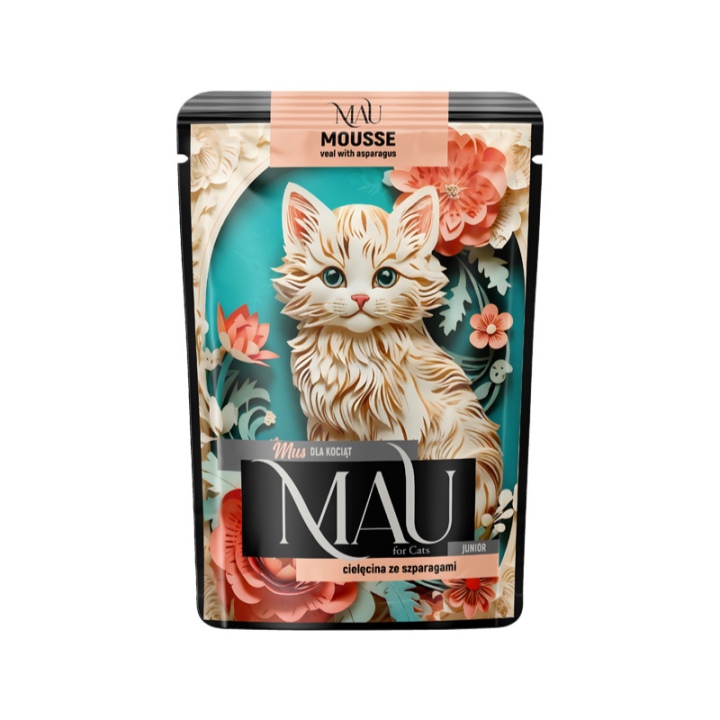 Mau Mousse konservai jauniems kačiukams su veršiena ir šparagais, 85 g