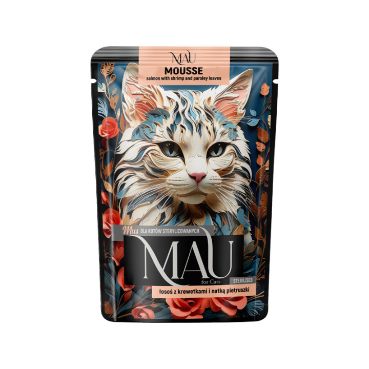 Mau Mousse konservai sterilizuotoms katėms su lašiša, krevetėmis ir petražolėmis, 85 g