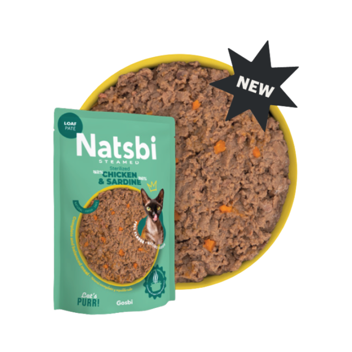 Natsbi Cat Steamed Loaf Chicken&Sardine konservai sterilizuotoms katėms su vištiena ir sardinėmis, 80 g